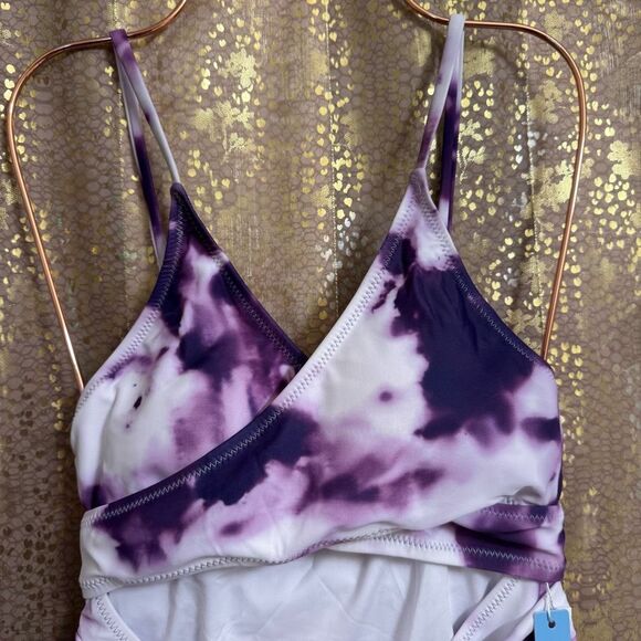 Purple White Tie Dye Waist Cutout Multi Tie One Piece Swimsuit Medium NWT - Picture 3 of 10